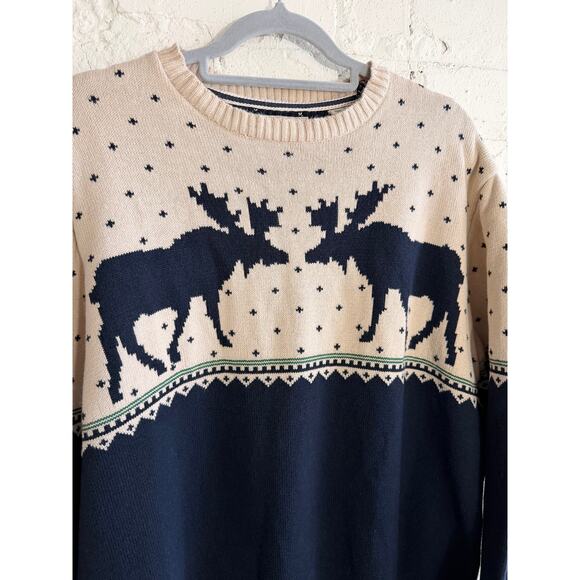 Vintage Wilderness Moose Nordic Fair Isle Knit Sweater XL Navy Graphic Pullover - Picture 3 of 8